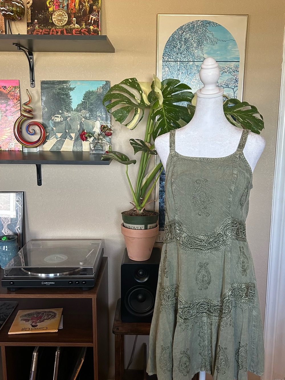 Olive Green boho Embroidered festival Sundress size S/M